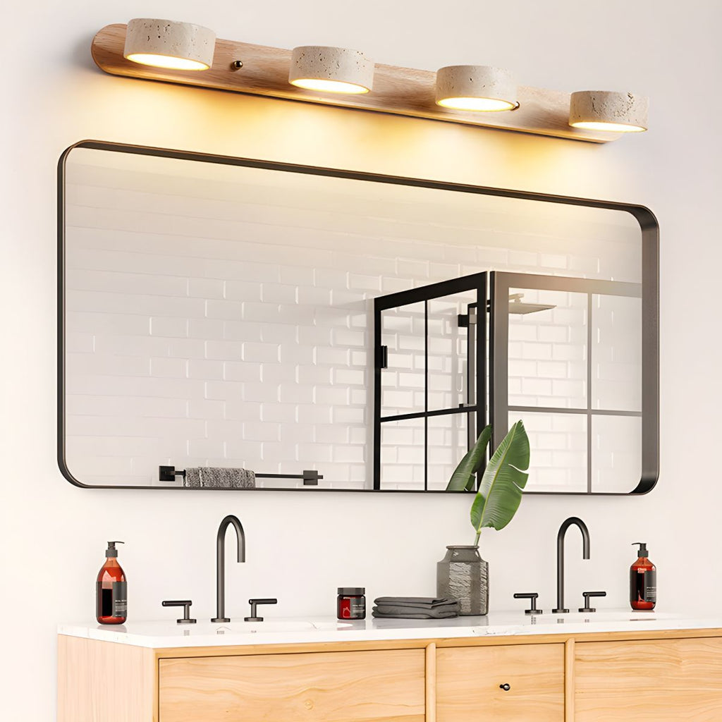 Indoor LED wall light designed with natural travertine and wood for warm architectural illumination - Euroselle