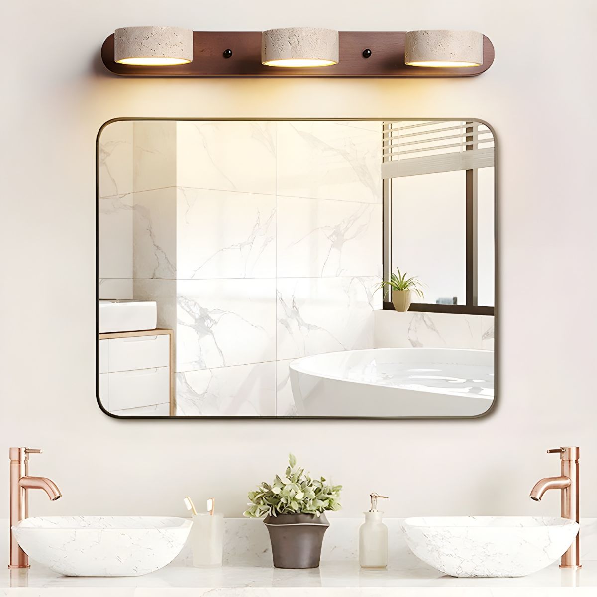 Indoor LED wall light designed with natural travertine and wood for warm architectural illumination - Euroselle