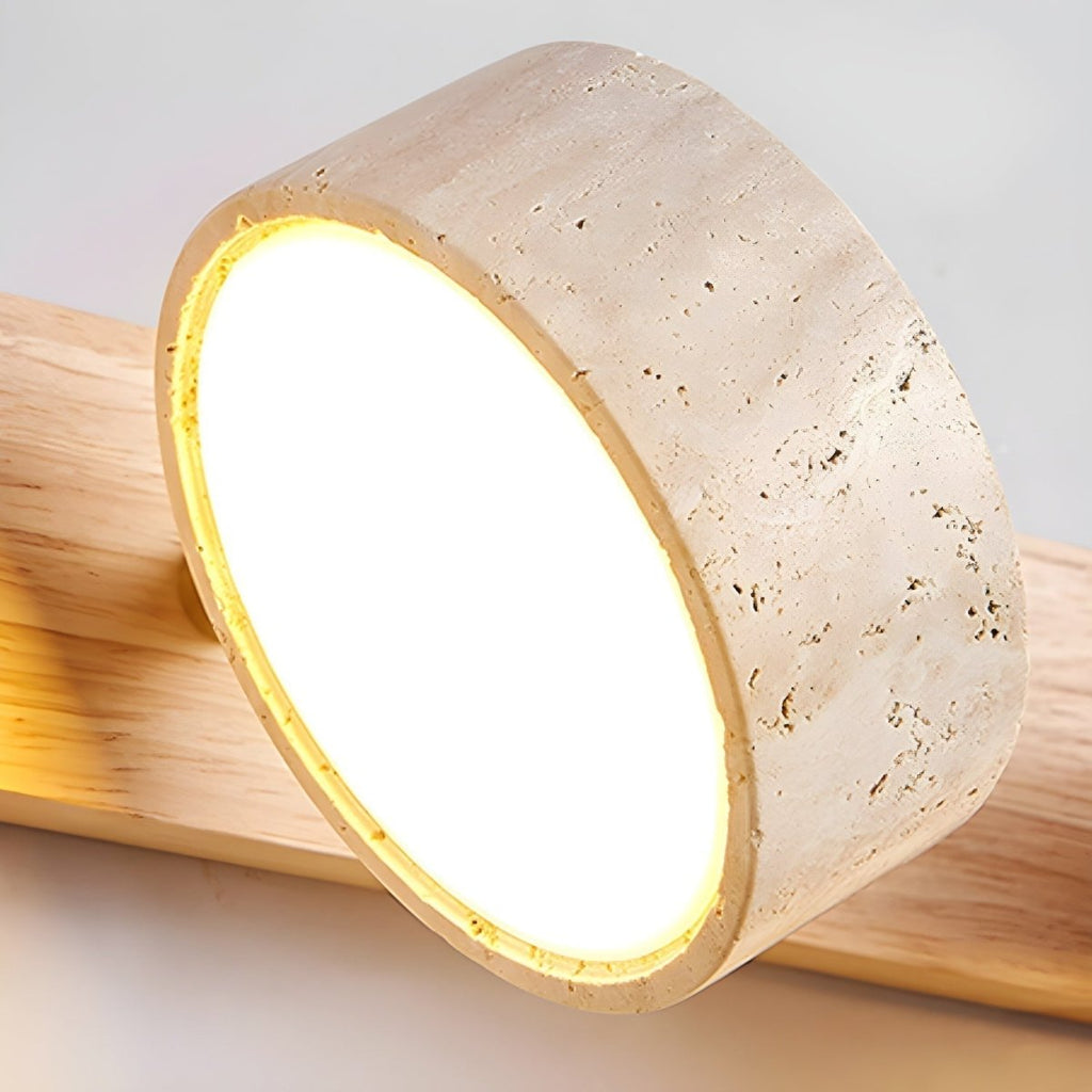 Indoor LED wall light designed with natural travertine and wood for warm architectural illumination - Euroselle