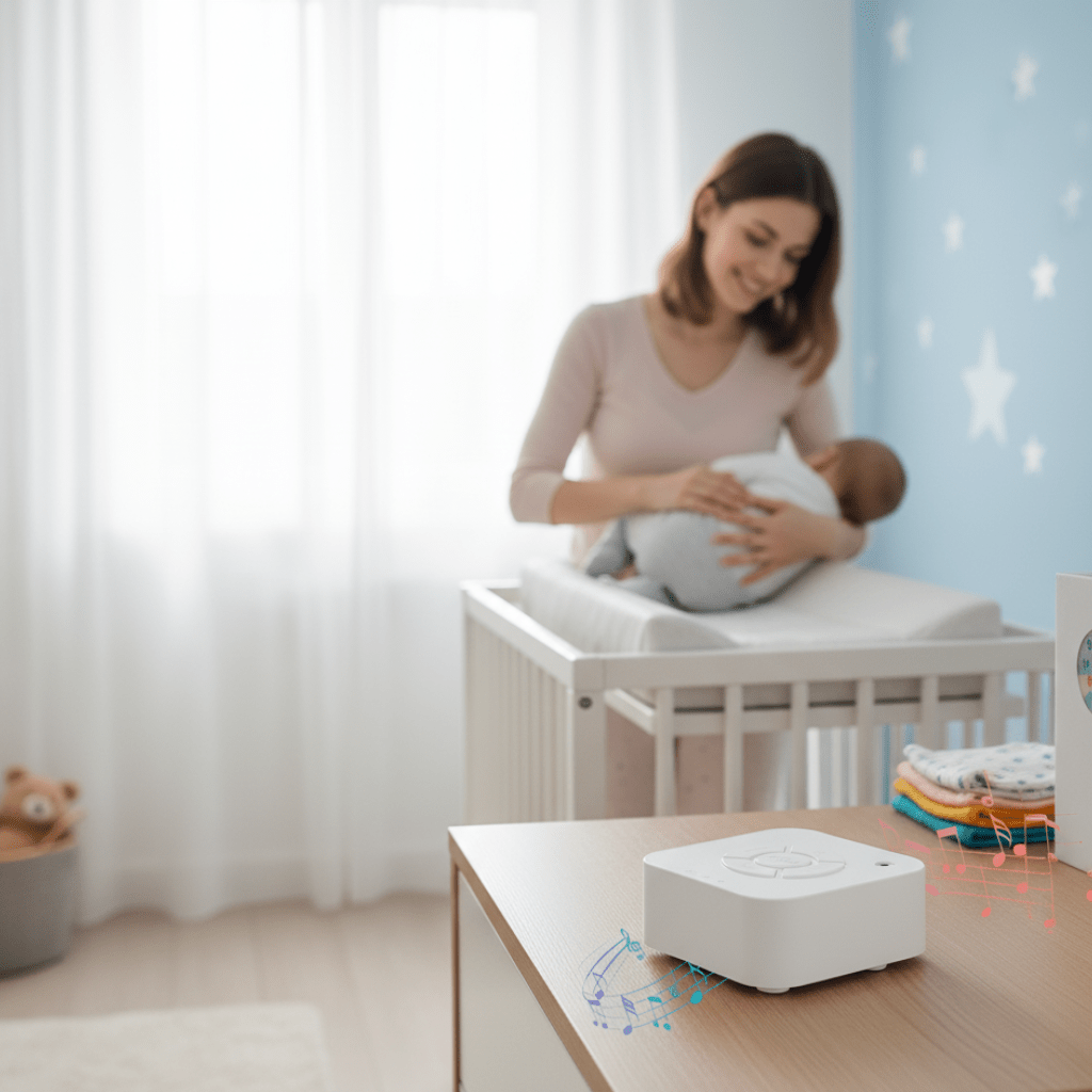 Machine à sons portable pour bébé LullMate – Rechargeable par USB, 10 sons apaisants intégrés, design compact pour les voyages