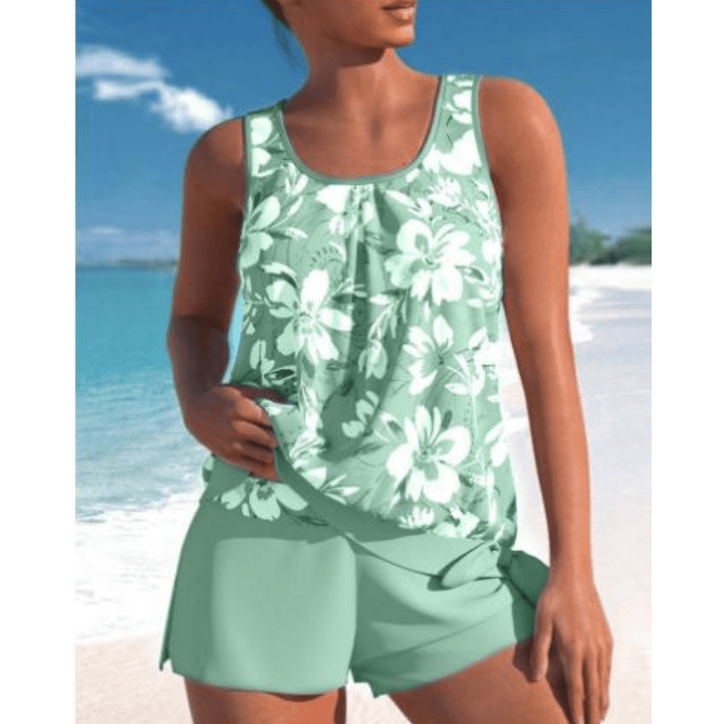 Tankini floral de dos tonos AzureBloom — Diseño con cintura esculpida