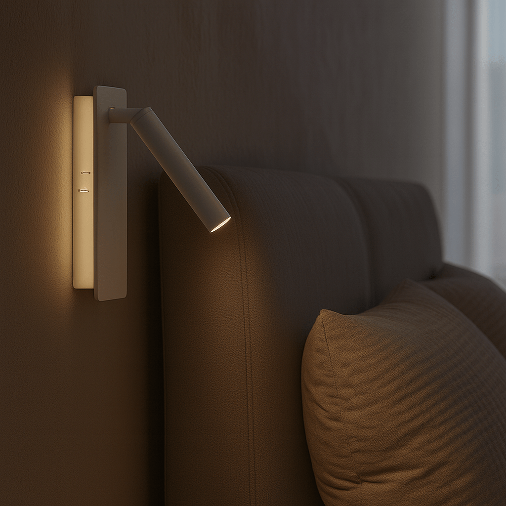 Otočná LED lampička k posteli LumaTwist — nastavitelný fokus, otočná hlavice, montáž na zeď