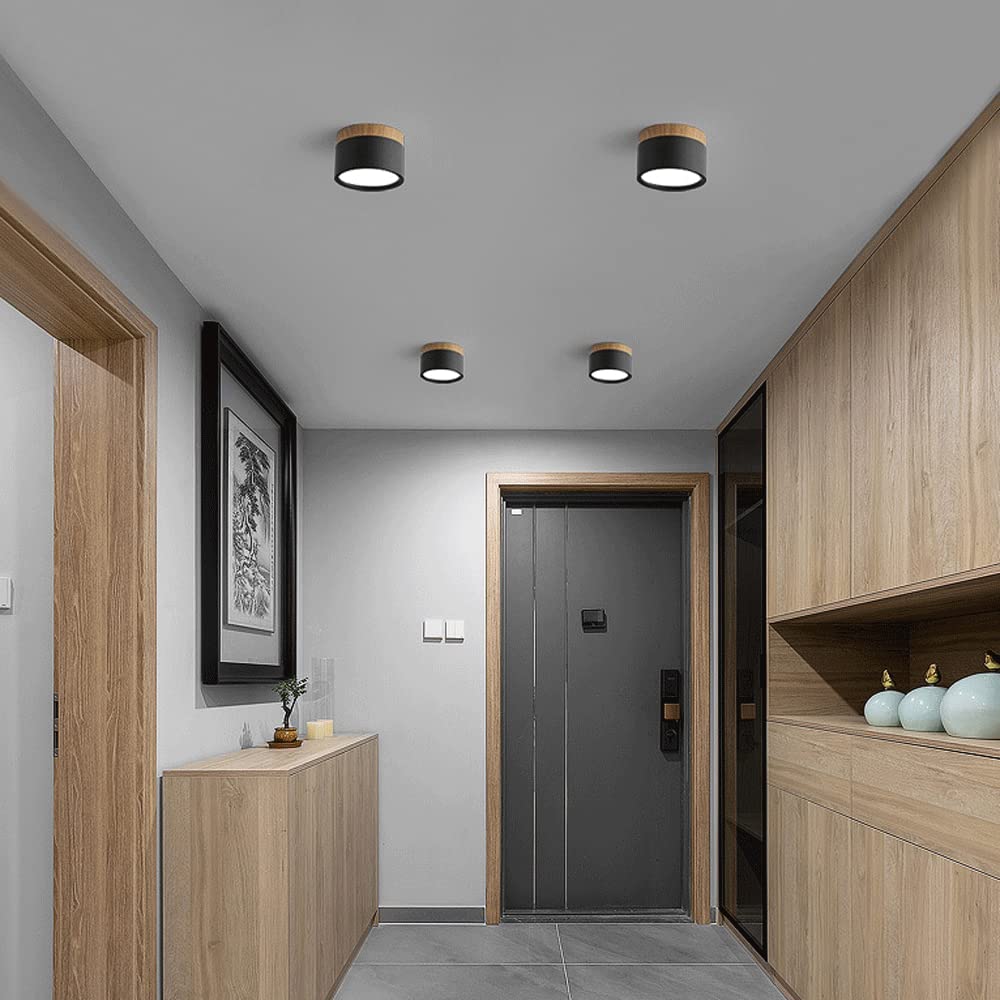 Okrągła przylegająca do sufitu oprawa LED, drewniane detale, aluminium, 5 W lub 7 W, do przedpokoju, sypialni, kuchni i korytarza, nowoczesna, minimalistyczna lampa sufitowa w stylu skandynawskim