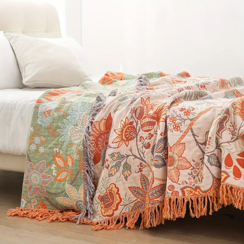 Floral Cotton Throw Blanket for Cozy Boho Spaces - Euroselle