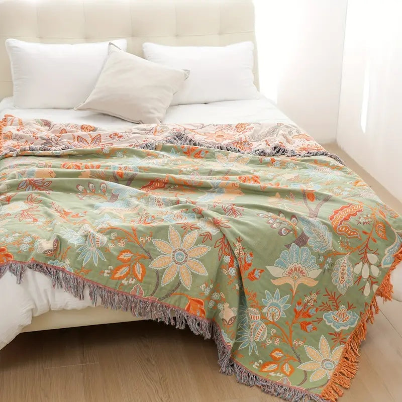 Floral Cotton Throw Blanket for Cozy Boho Spaces - Euroselle