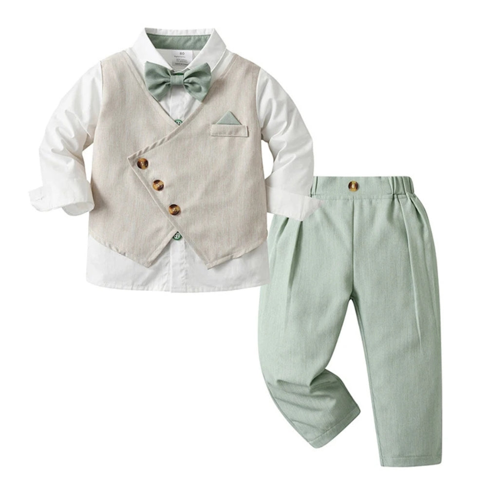 Boys 3-Piece Soft Cotton Suit Set — Shirt, Vest, Pants & Bow Tie