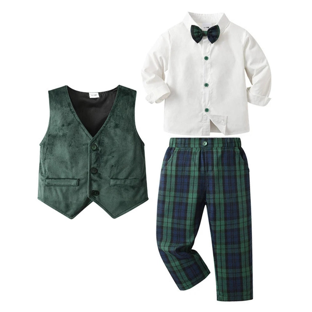 Boys 3-Piece Soft Cotton Suit Set — Shirt, Vest, Pants & Bow Tie