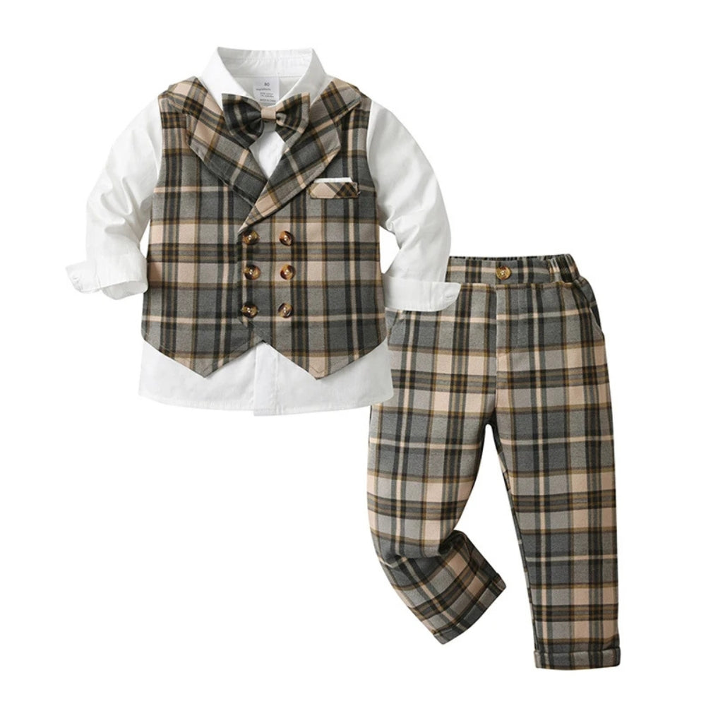 Boys 3-Piece Soft Cotton Suit Set — Shirt, Vest, Pants & Bow Tie