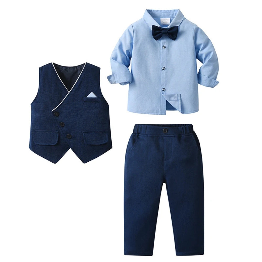 Boys 3-Piece Soft Cotton Suit Set — Shirt, Vest, Pants & Bow Tie