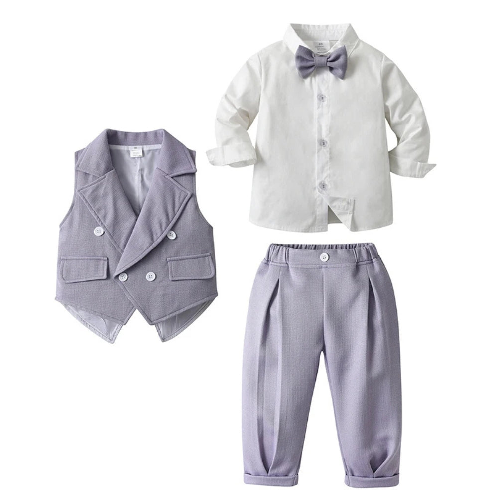 Boys 3-Piece Soft Cotton Suit Set — Shirt, Vest, Pants & Bow Tie