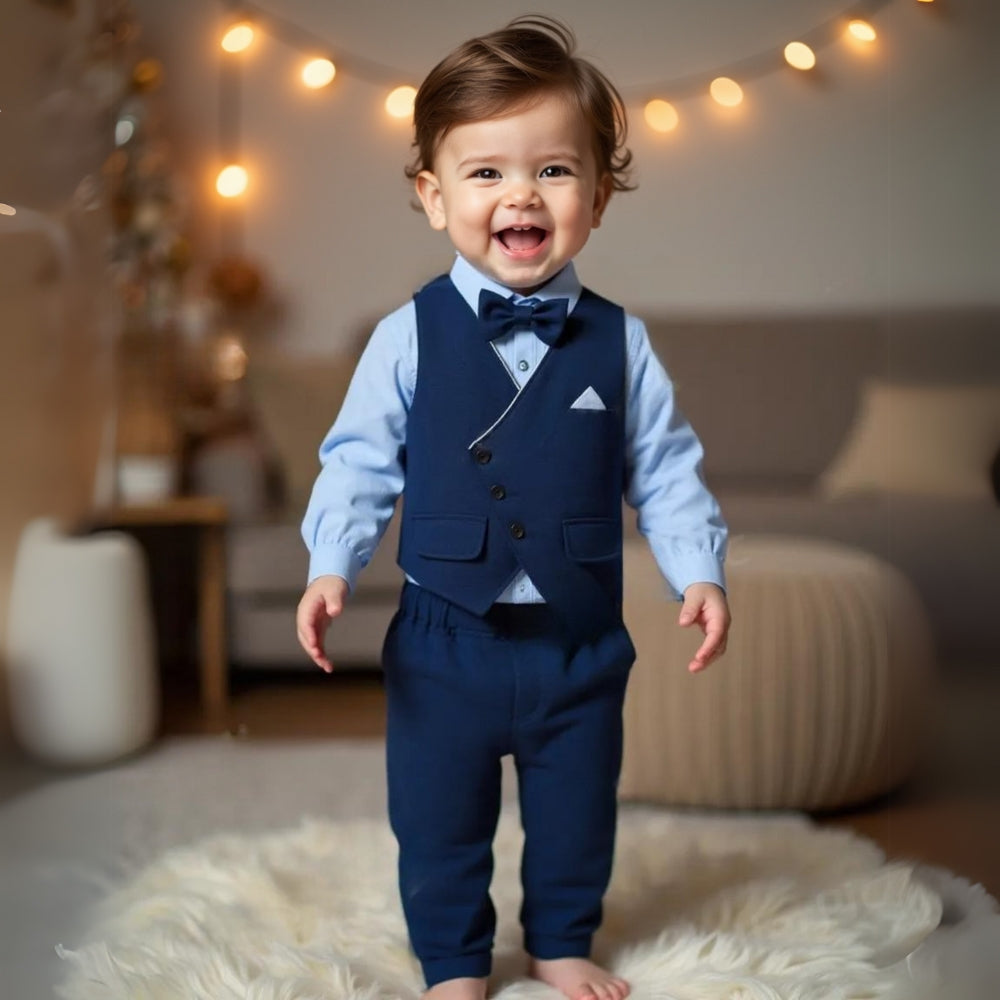 Boys 3-Piece Soft Cotton Suit Set — Shirt, Vest, Pants & Bow Tie