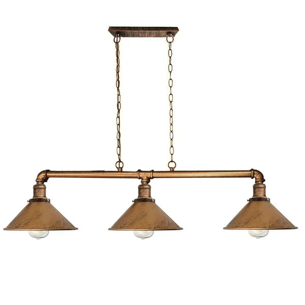 Ipari stílusú, három foglalatos fém lámpatest — 47 × 40 in, rusztikus vörös