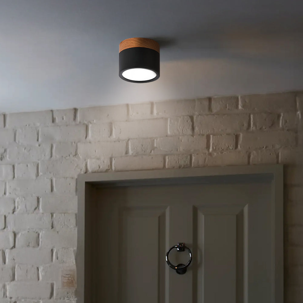 Okrągła przylegająca do sufitu oprawa LED, drewniane detale, aluminium, 5 W lub 7 W, do przedpokoju, sypialni, kuchni i korytarza, nowoczesna, minimalistyczna lampa sufitowa w stylu skandynawskim