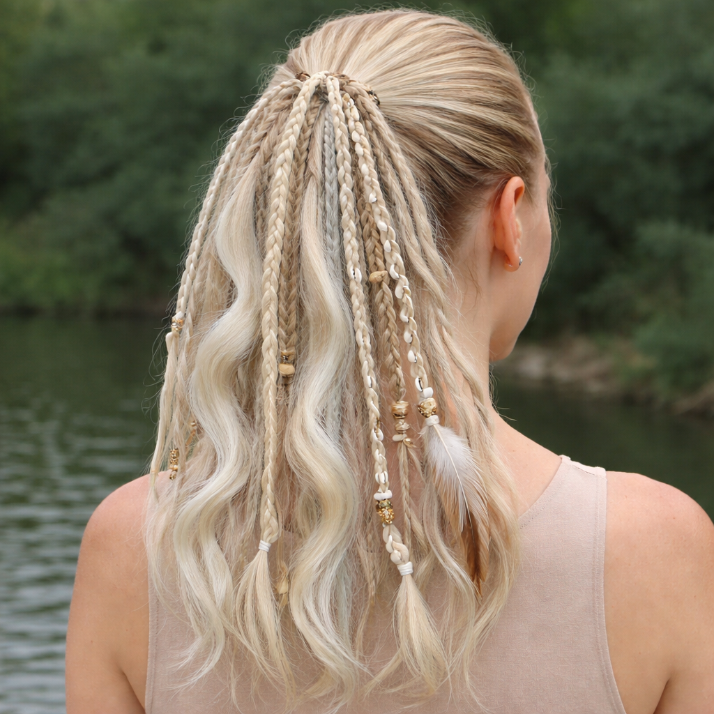 Boho-Haarverlängerung mit Perlen und Muscheln für den Pferdeschwanz – zum Umwickeln