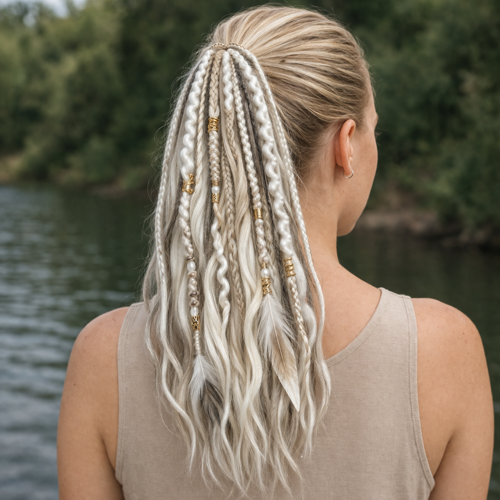 Boho-Haarverlängerung mit Perlen und Muscheln für den Pferdeschwanz – zum Umwickeln