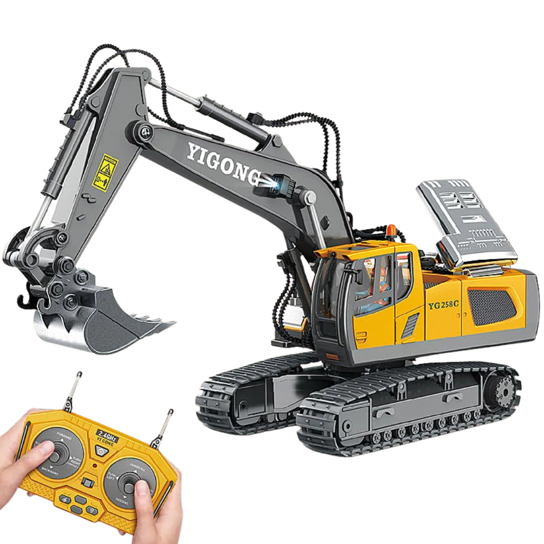 Jucărie excavator telecomandat 1:20 — hidraulică cu 18 canale, metalică, reîncărcabilă