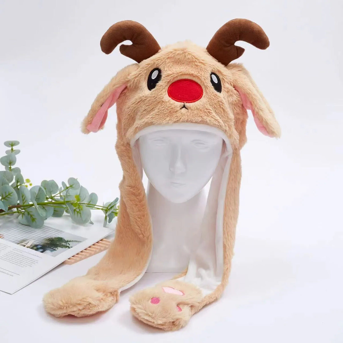Interactive Plush Hat with Pop-Up Ears and Squeeze Paws