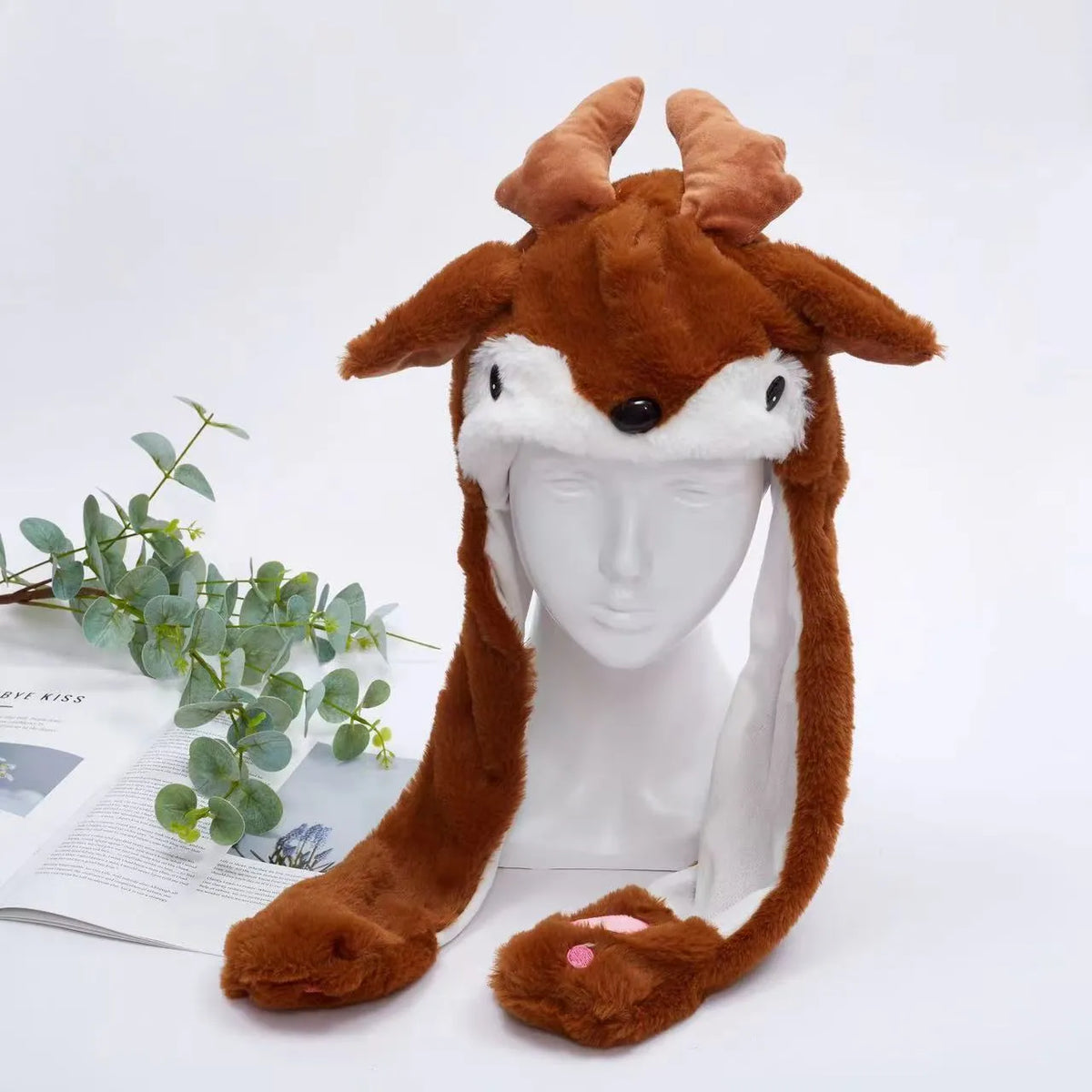 Interactive Plush Hat with Pop-Up Ears and Squeeze Paws