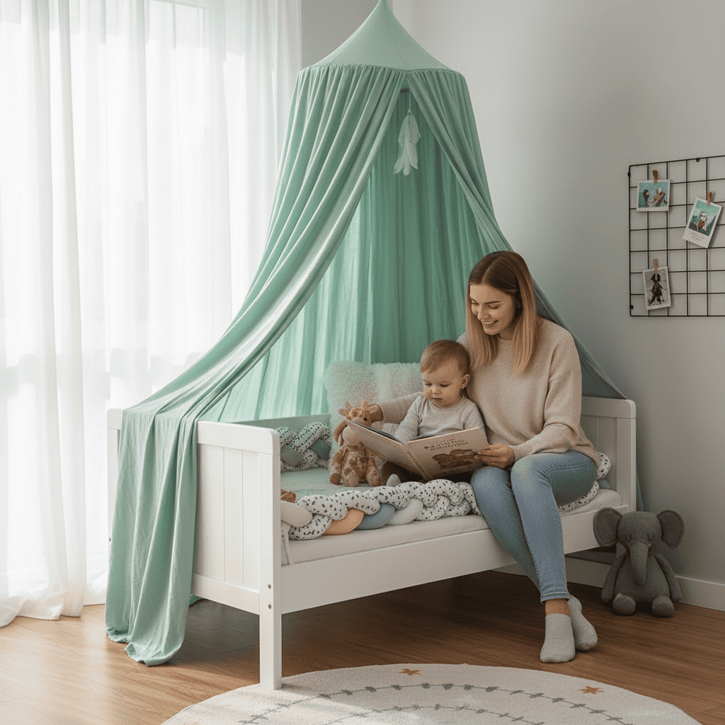Dosel de cama infantil LumaNest Moonveil — Elegante diseño drapeado de poliéster