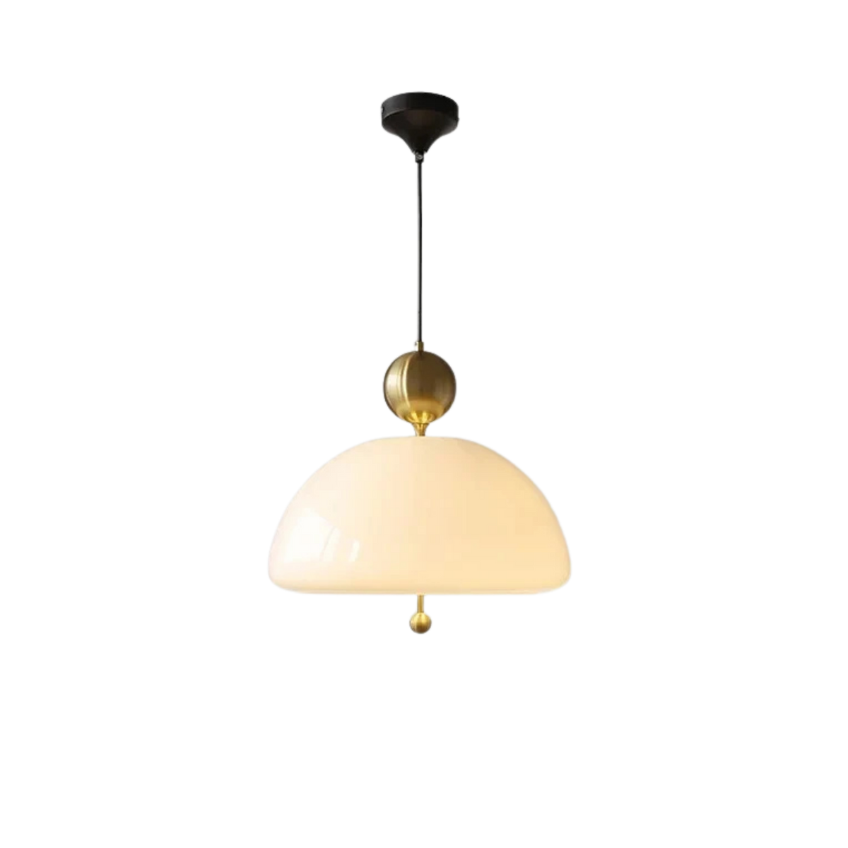 Pendellampe i krom og beige med glasskuppel til taket
