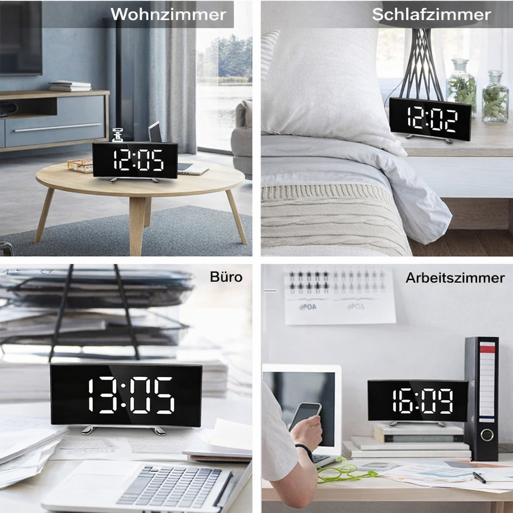 Despertador digital moderno com LED e formato curvo — visor espelhado com regulação automática da luminosidade