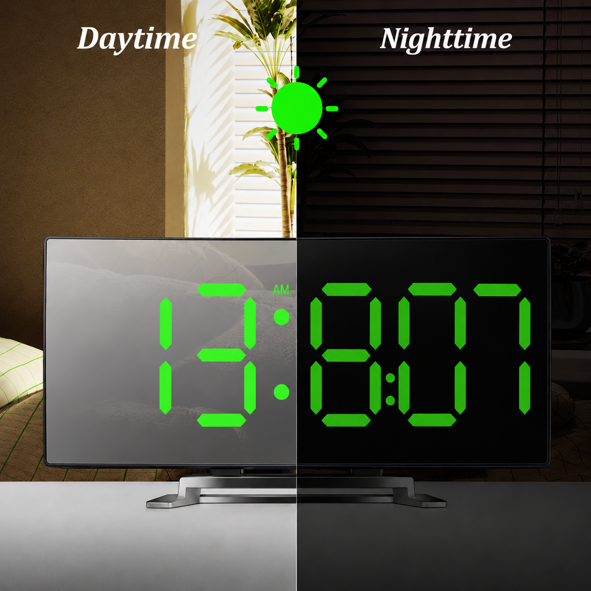 Despertador digital moderno com LED e formato curvo — visor espelhado com regulação automática da luminosidade