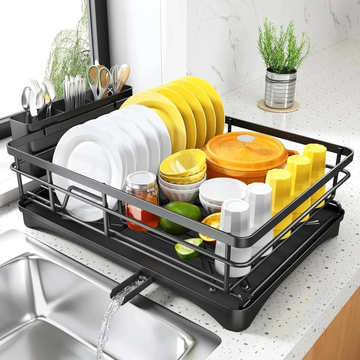 Large dish drying rack with integrated drip tray designed for efficient drying, countertop protection, and organized kitchen storage - Euroselle
