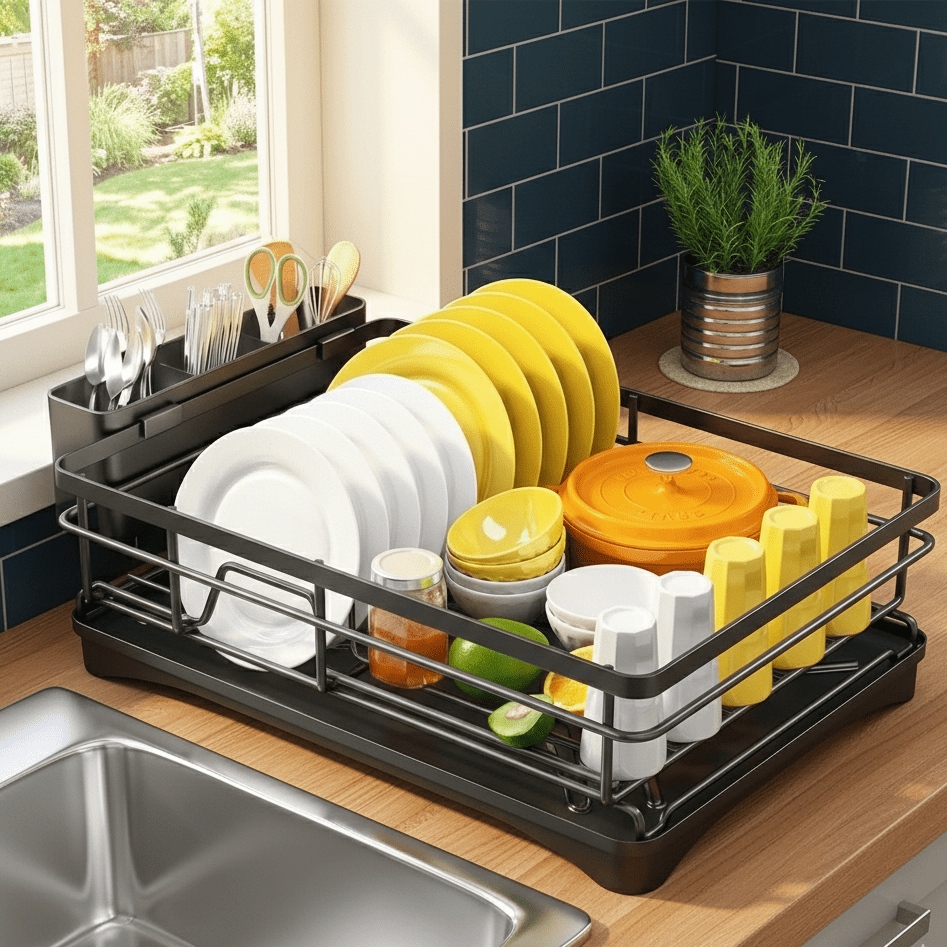 Large dish drying rack with integrated drip tray designed for efficient drying, countertop protection, and organized kitchen storage - Euroselle