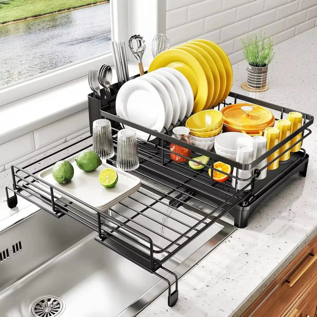 Large dish drying rack with integrated drip tray designed for efficient drying, countertop protection, and organized kitchen storage - Euroselle