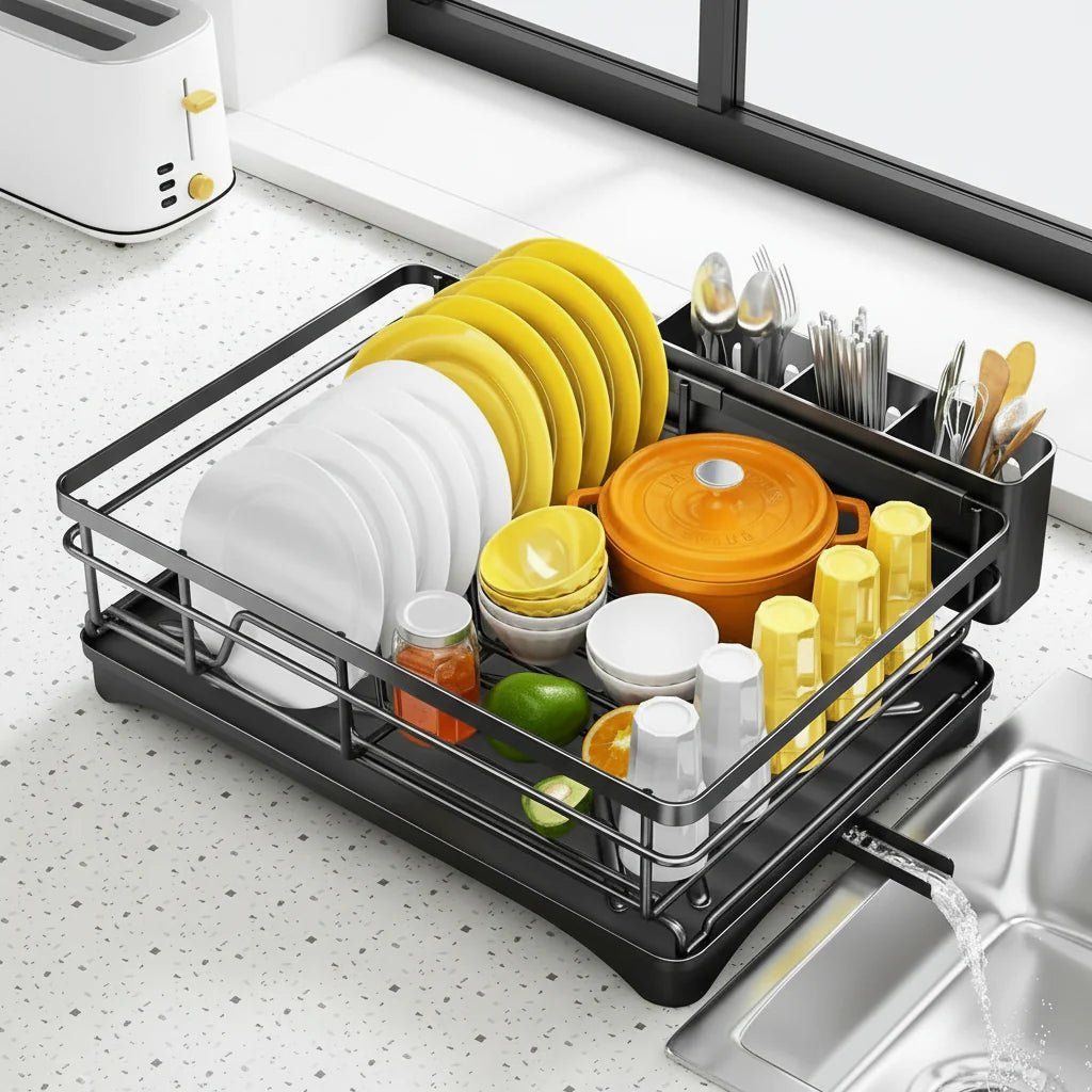 Large dish drying rack with integrated drip tray designed for efficient drying, countertop protection, and organized kitchen storage - Euroselle