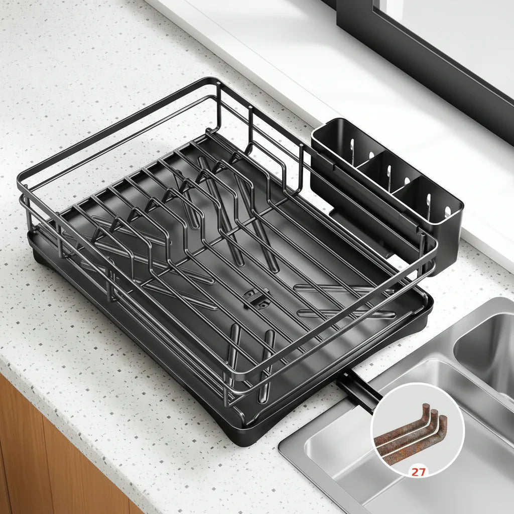 Large dish drying rack with integrated drip tray designed for efficient drying, countertop protection, and organized kitchen storage - Euroselle