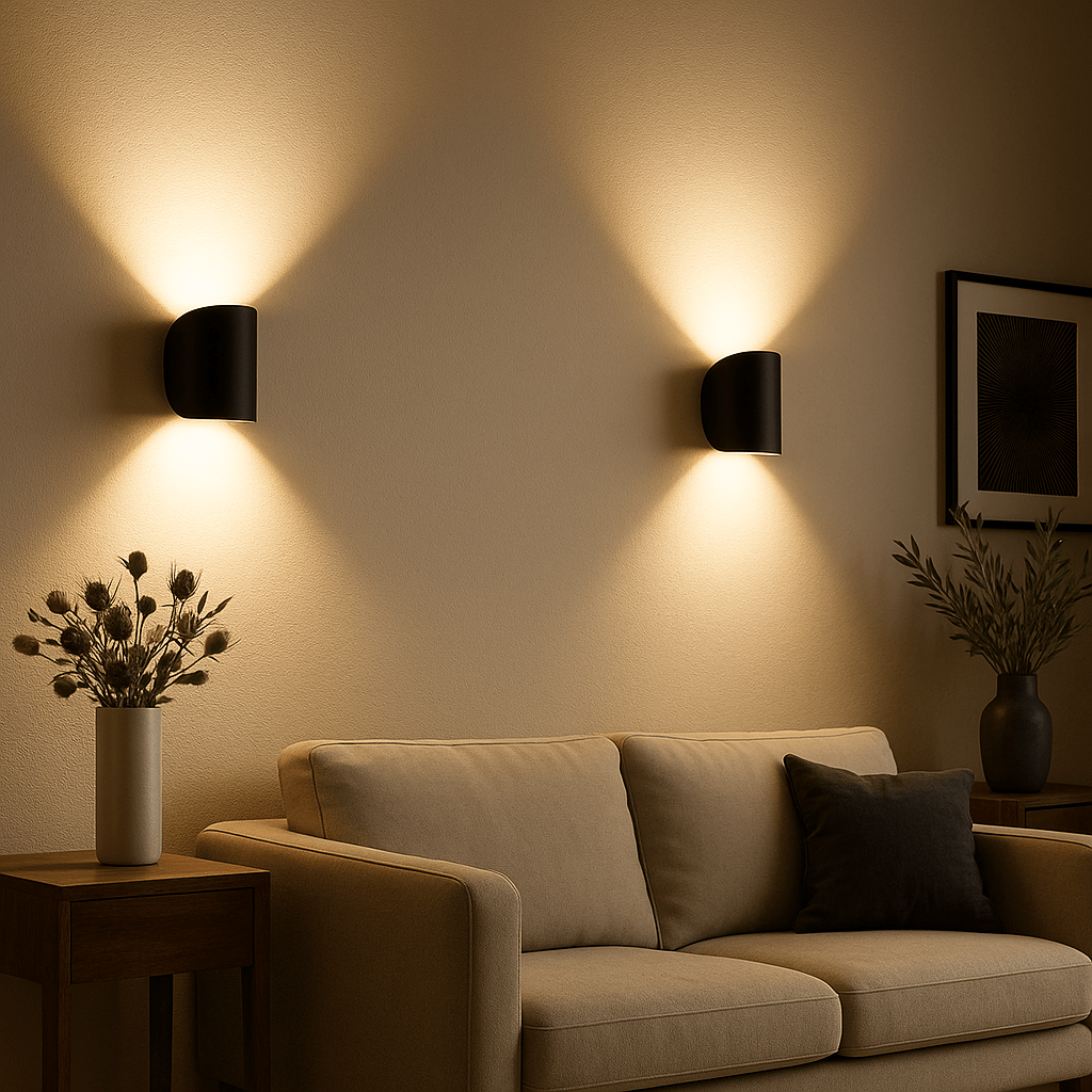 LumaGlow BrightFlow LED-vägglampa — modern minimalistisk silhuett, varmt sken, energieffektiv