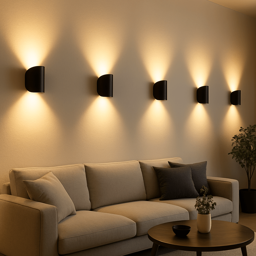 LumaGlow BrightFlow LED-vägglampa — modern minimalistisk silhuett, varmt sken, energieffektiv