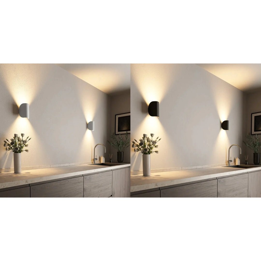 LumaGlow BrightFlow LED-vägglampa — modern minimalistisk silhuett, varmt sken, energieffektiv