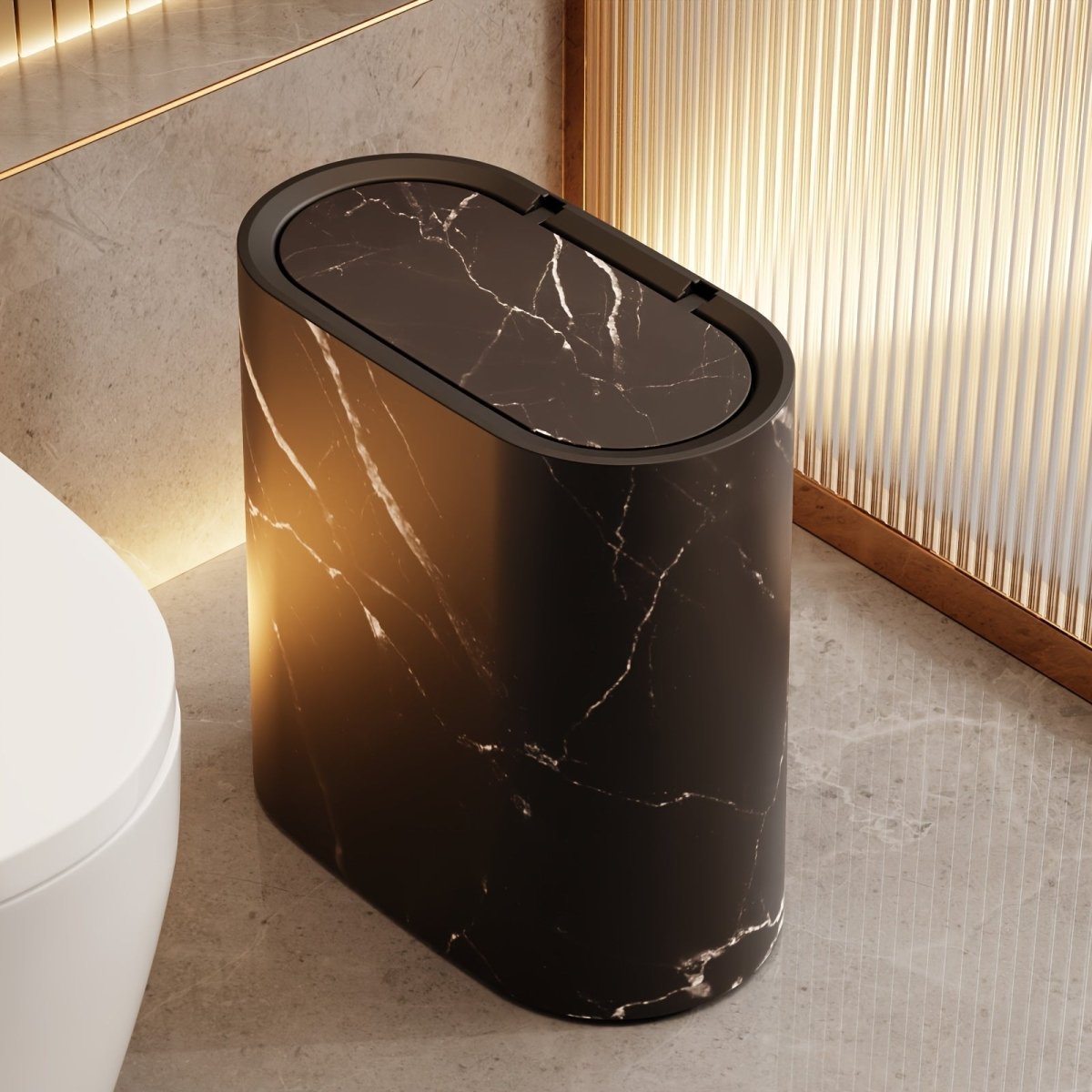 Elegant oval marble-pattern waste bin designed for modern interiors with compact and stylish everyday functionality - Euroselle