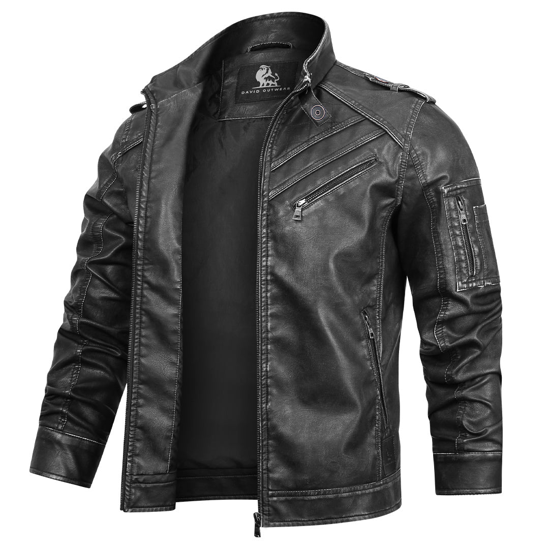 Men's Black Faux Leather Motorcycle Jacket — Embroidered Details