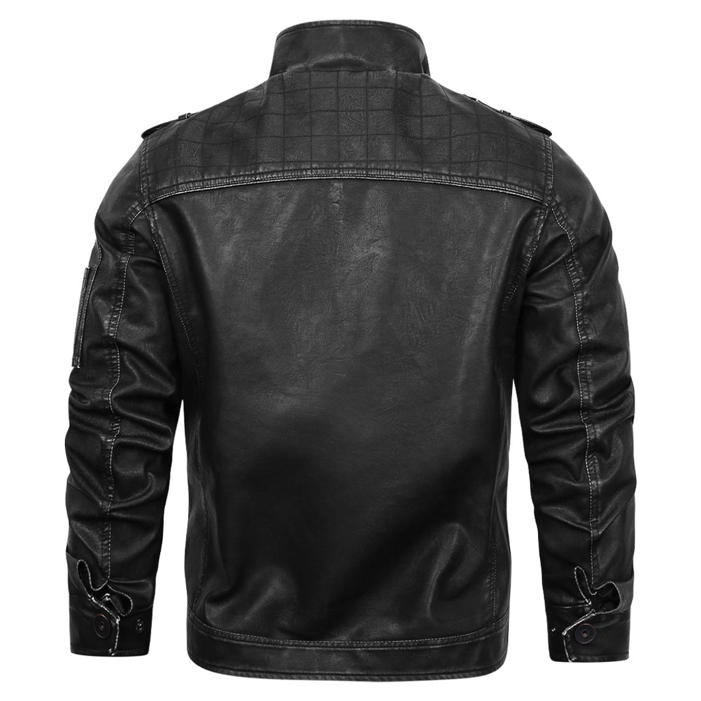 Men's Black Faux Leather Motorcycle Jacket — Embroidered Details