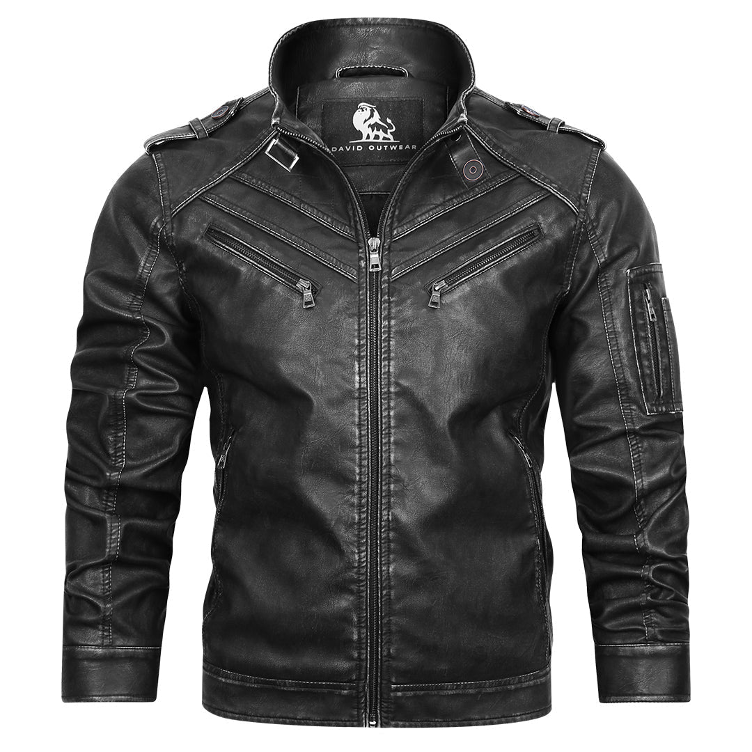 Men's Black Faux Leather Motorcycle Jacket — Embroidered Details