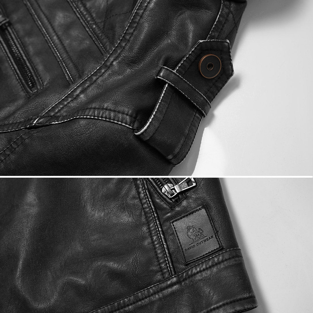 Men's Black Faux Leather Motorcycle Jacket — Embroidered Details