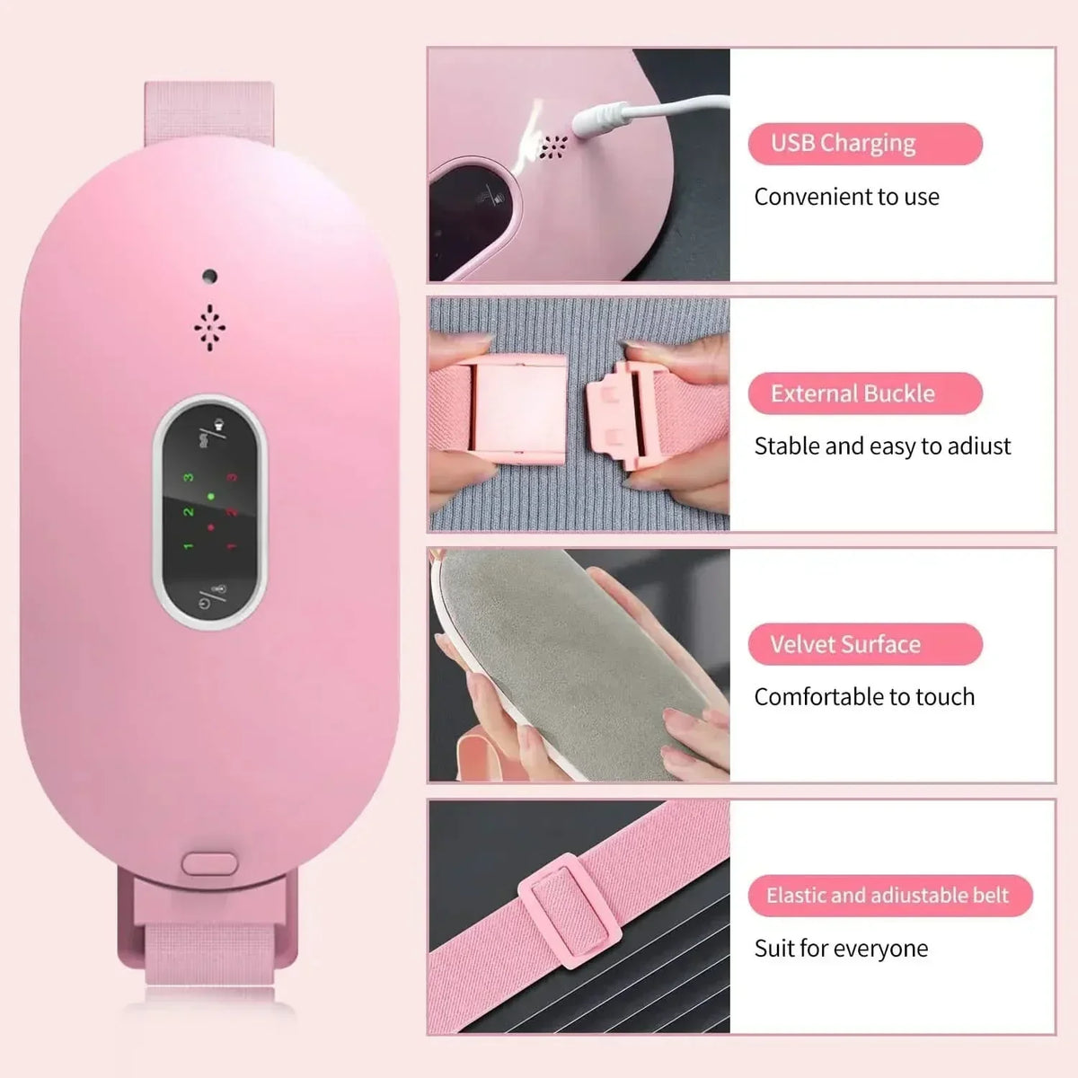 CalmHeat グラフェン温熱パッド — 集中的な温熱、マッサージ、振動設定