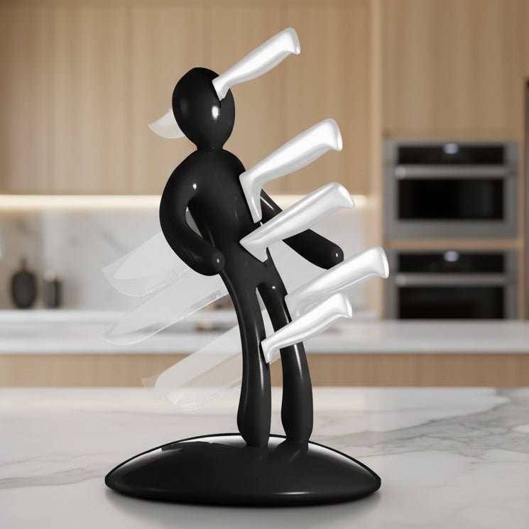 Artistic humanoid knife organizer with secure blade storage and space-saving countertop design for modern kitchen aesthetics - Euroselle