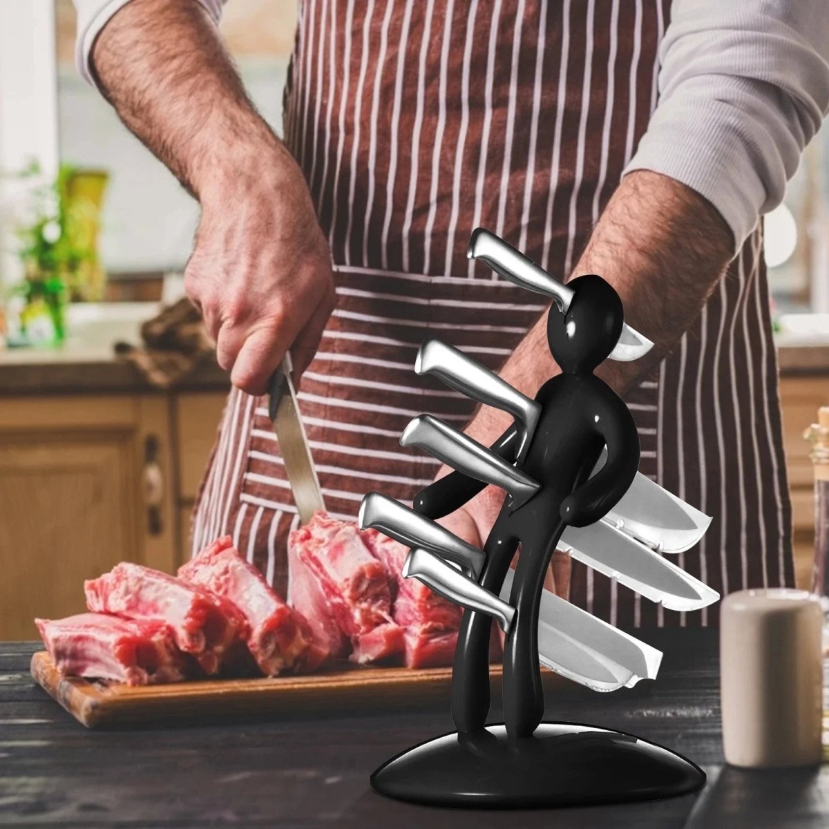 Artistic humanoid knife organizer with secure blade storage and space-saving countertop design for modern kitchen aesthetics - Euroselle