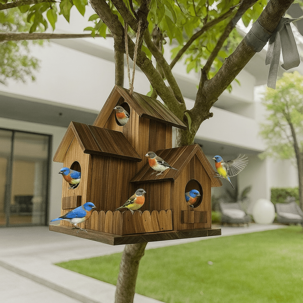 Rustikální ptačí budka Everwood Nest — vícekomorová, z masivního dřeva