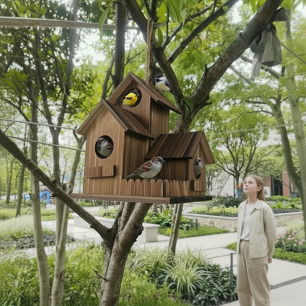 Rustikální ptačí budka Everwood Nest — vícekomorová, z masivního dřeva