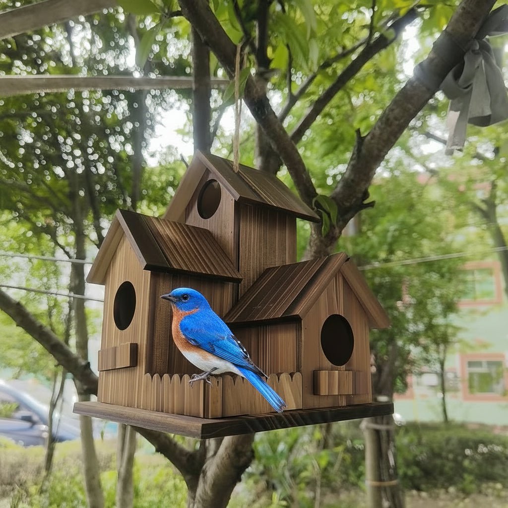 Rustikální ptačí budka Everwood Nest — vícekomorová, z masivního dřeva