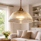 Industrial Farmhouse Pendant Light With Ribbed Glass And Dome