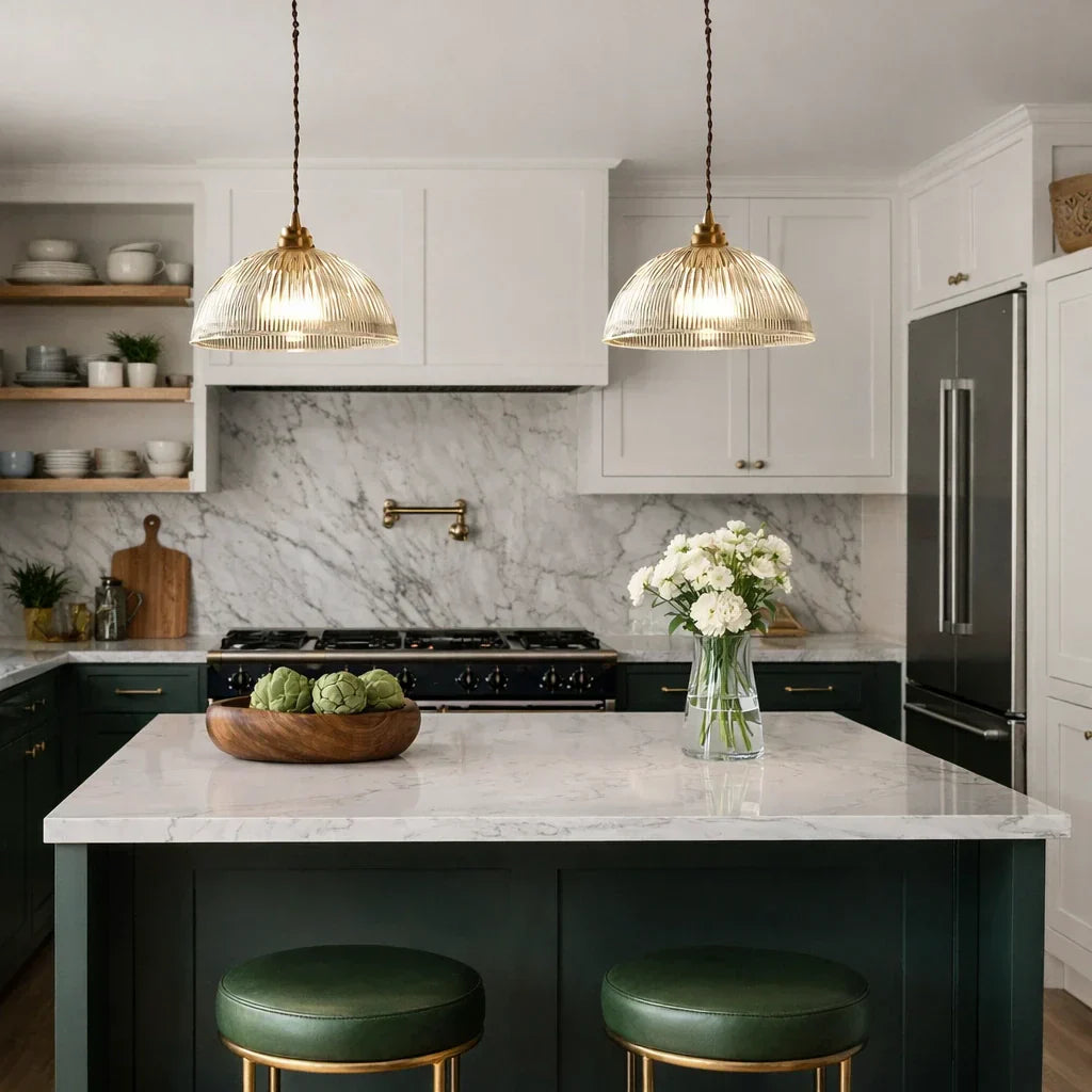 Industrial Farmhouse Pendant Light With Ribbed Glass And Dome