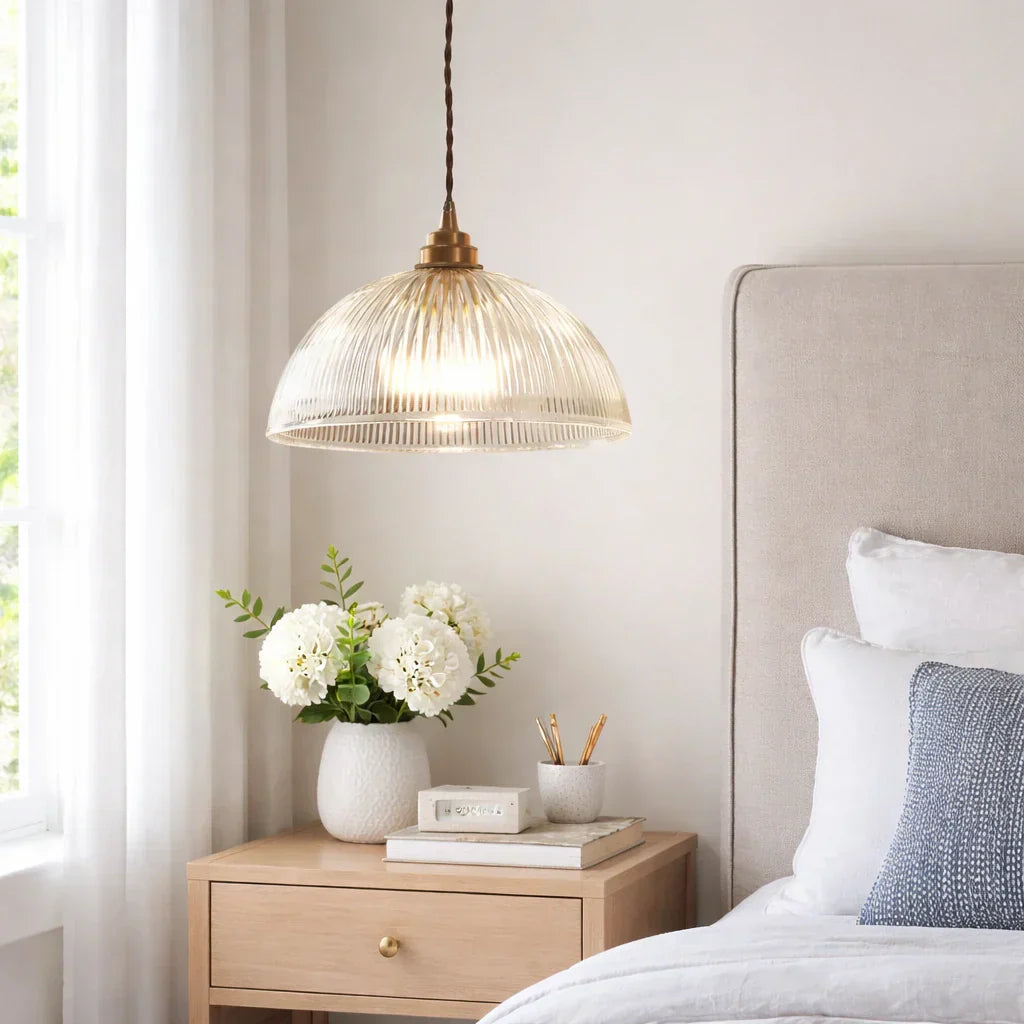 Industrial Farmhouse Pendant Light With Ribbed Glass And Dome