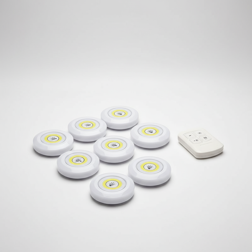 Conjunto de 3 luzes LED brancas em disco, a pilhas, com controlo remoto