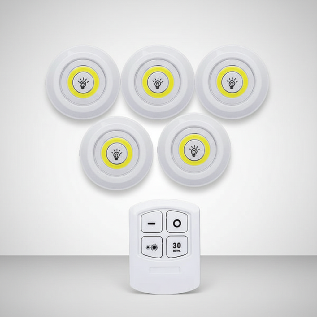 Conjunto de 3 luzes LED brancas em disco, a pilhas, com controlo remoto